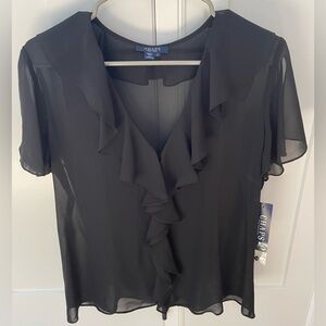 New NWT Chaps v-neck blouse black ruffle short sleeve size 14 sheer classic